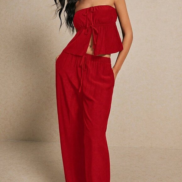 Pants - Red Sexy Women's Summer Fashion Linen Crop Top & Wide Leg Trouser Set
